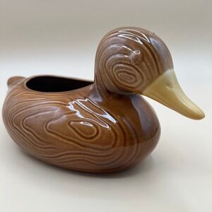 Vintage 1981 FTDA Ceramic Duck Planter Brown Faux Wood Grain Mallard Made in USA